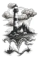 a lighthouse burning and a ship approaching through the mist tattoo design idea