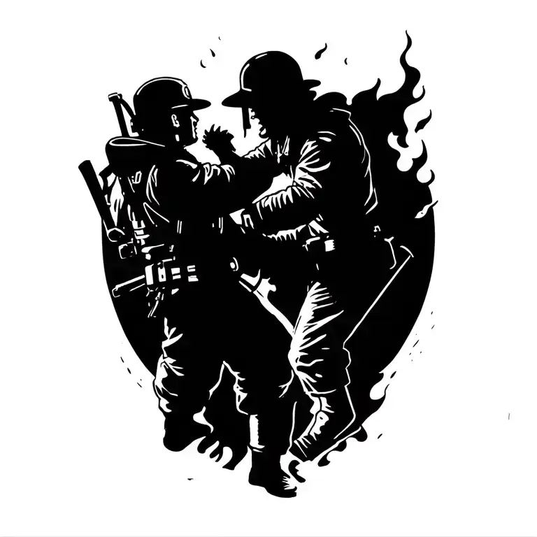 Camillero and firefighter fighting with fires tattoo design idea