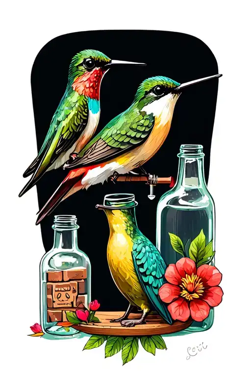 brick, sewing machine, PET dairy glass bottles, humming birds tattoo design idea
