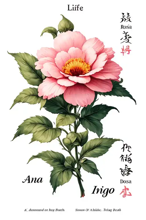 Life and death flower with the names Ana Rosa and Iñigo spelled in japanese next to them tattoo design idea