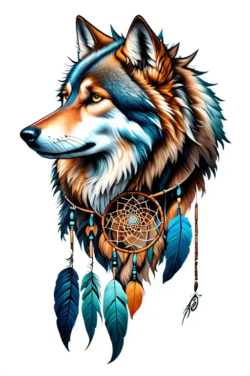 Wolf Dreamcatcher intertwined tattoo design idea