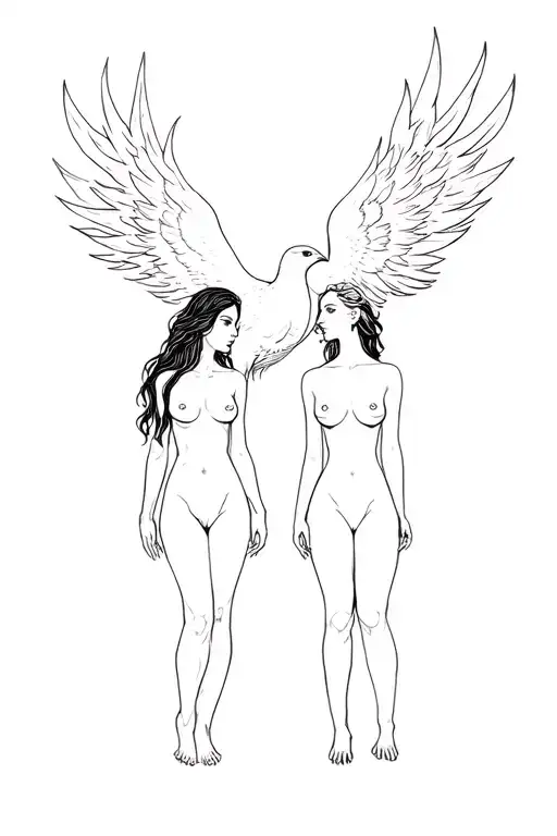 Phoenix bird and naked girl as if they were born of ashes symbolically tattoo design idea