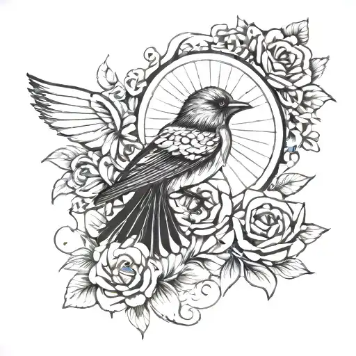 flowers bird sun tattoo design idea