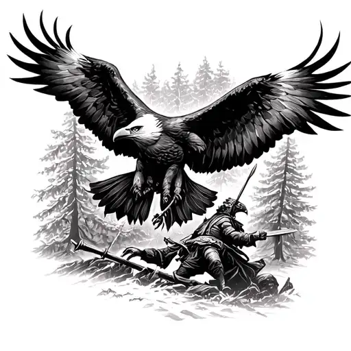 Medieval battle in the forest with a soaring eagle, in the style of engraving tattoo design idea