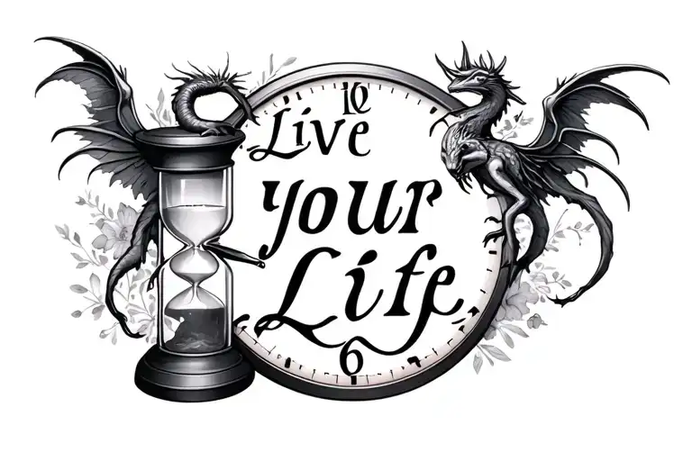 "Live Your Life" "Live Your Life" hourglass and time background creatures tattoo design idea