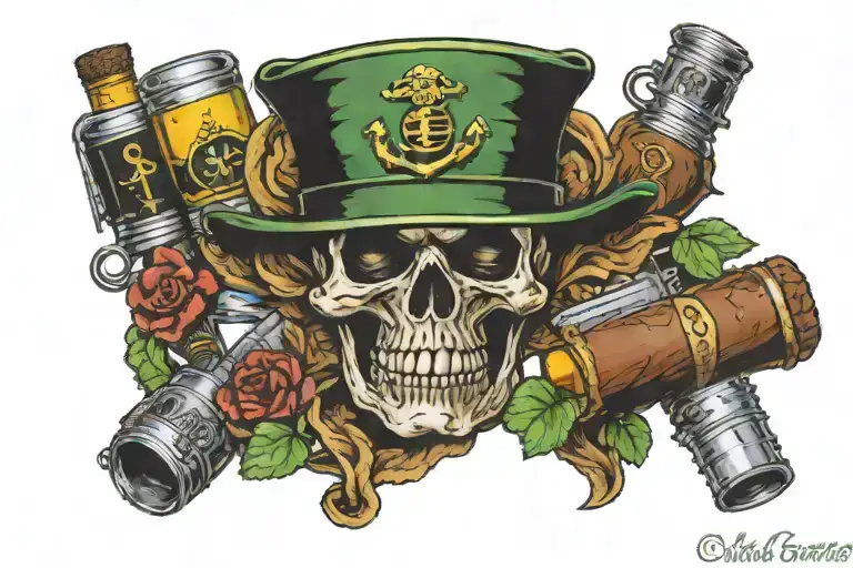 USMC lighter, cigar leaning, whiskey glass with shamrock tattoo design idea