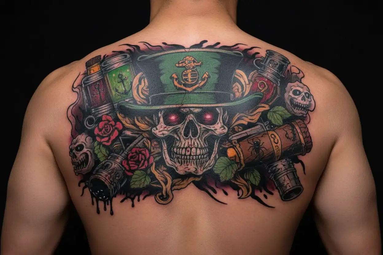 USMC lighter, cigar leaning, whiskey glass with shamrock tattoo design idea