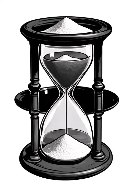 Hourglass with 3 stacked glass chambers: top full of sand, middle half full, bottom nearly empty. Fine detail, front vie tattoo design idea