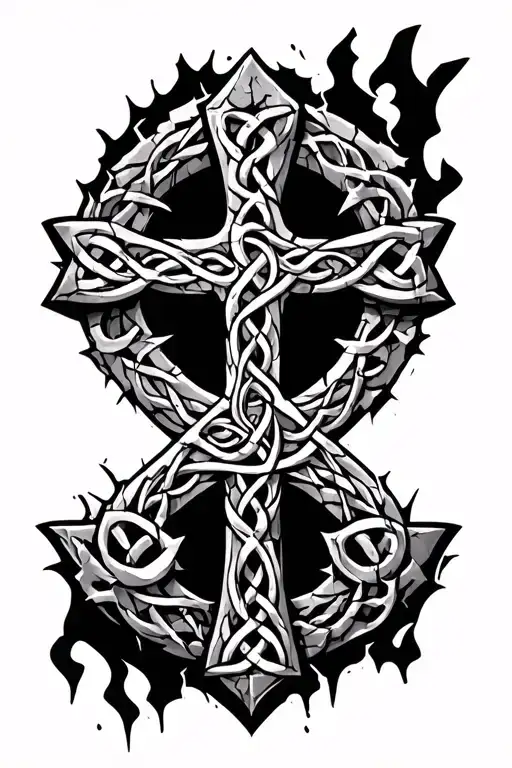 detailed cracked stone  Celtic cross neo traditional  tattoo design idea