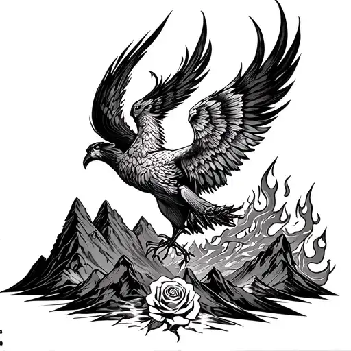 Phoenix rising from the ashes. Incorporate a rose, flames, and mountains. tattoo design idea