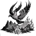 Phoenix rising from the ashes. Incorporate a rose, flames, and mountains. tattoo design idea