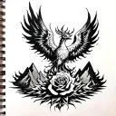 Phoenix rising from the ashes. Incorporate a rose, flames, and mountains. tattoo design idea