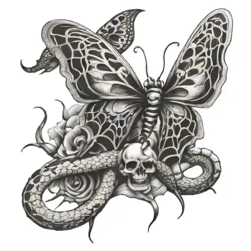 spider butterfly crawling on skeleton snake tattoo design idea
