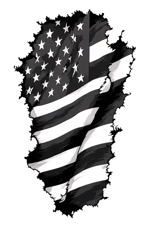 black and grey American flag tattered ends elbow to shoulder tattoo design idea