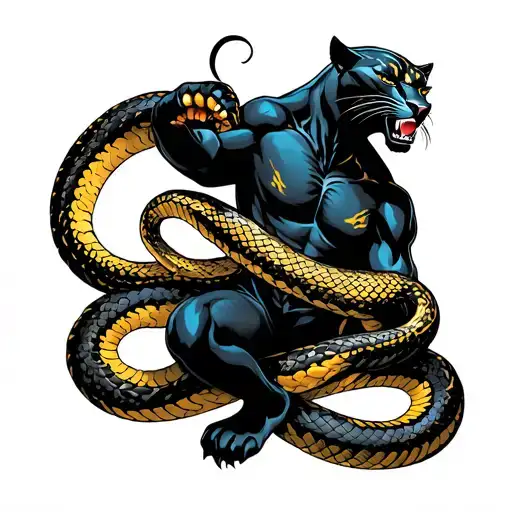black panther (the animal) fighting with a snake around him tattoo design idea
