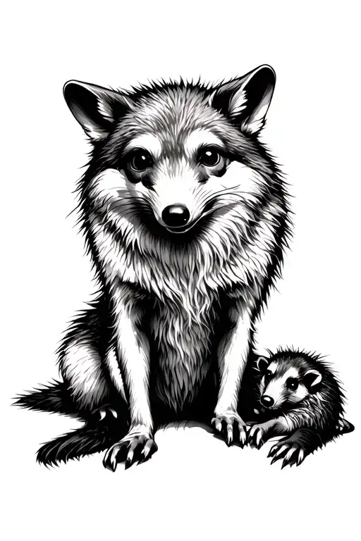 an opossum plays dead at the feet of a sitting coyote tattoo design idea