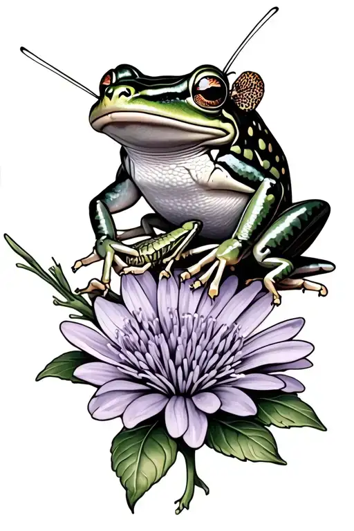 frog and a grasshopper on a lilac flower tattoo design idea