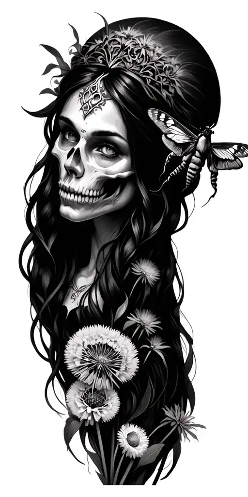 Irish siren with dead head moth and dandelions tattoo design idea