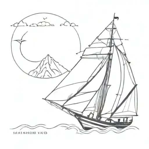 A 3-masted sailing boat with the inscription 'Naoned atao'. In a simple, minimalist style tattoo design idea