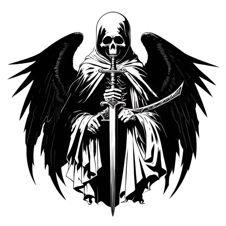 grim reaper holding sword with wings symmetrical tattoo design idea