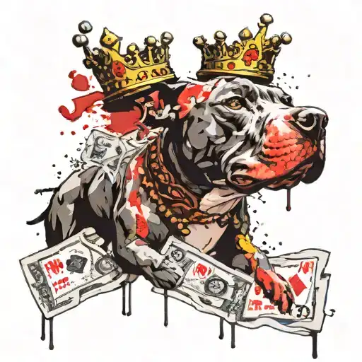 A stack of cash being held by a loyal pitbull with a crown on its head tattoo design idea