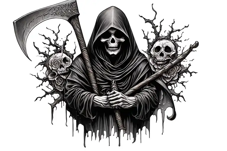 hooded reaper holding scythewith sugar skull face, detailed, scary,  tattoo design idea