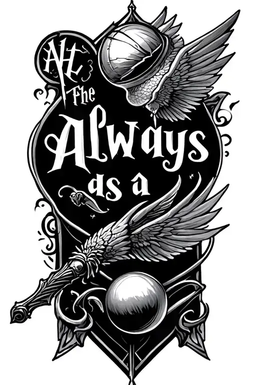 Harry Potter Theme, snitch, magic wand, always as a word tattoo design idea
