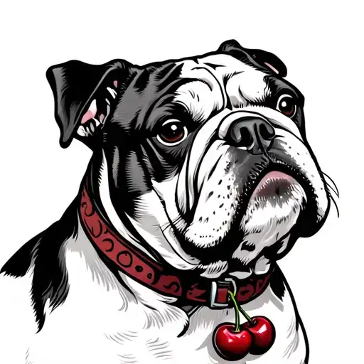 bulldog wearing cherry choker tattoo design idea