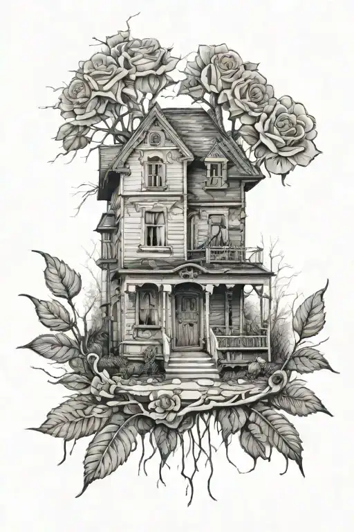 Abandoned Stalin-era house, roses, tree roots tattoo design idea