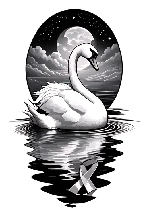 swan with water ripples symbolizing the client's passion and shadow sky with stars filler and cancer ribbon tattoo design idea