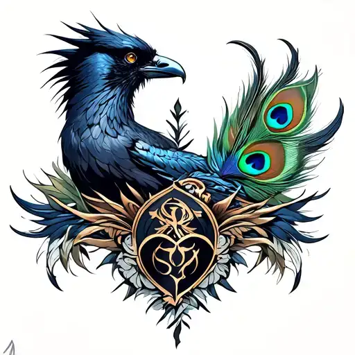 chest piece, satanic, crow, peacock feathers, dragon tattoo design idea