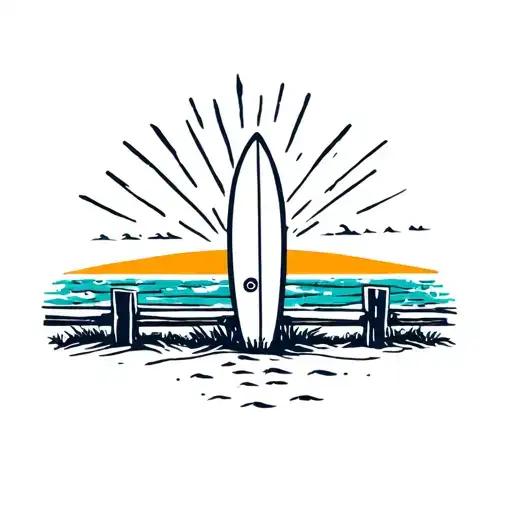 Surfboard leaning on a fence with beach and ocean sunrise background tattoo design idea