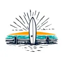 Surfboard leaning on a fence with beach and ocean sunrise background tattoo design idea