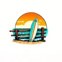 Surfboard leaning on a fence with beach and ocean sunrise background tattoo design idea