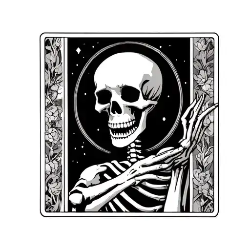 Tarot card death, skeleton in middle holding sycthe cool way, one hand hovering on bottom panel of inside frame tattoo design idea