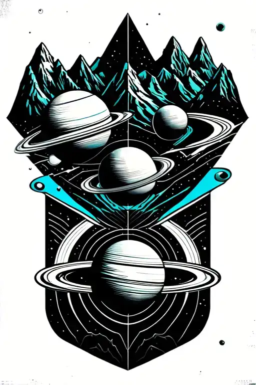 planets in geo symteric shapes surrounding mountains with hint of cyan color tattoo design idea