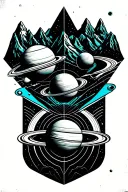 planets in geo symteric shapes surrounding mountains with hint of cyan color tattoo design idea