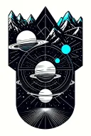 planets in geo symteric shapes surrounding mountains with hint of cyan color tattoo design idea