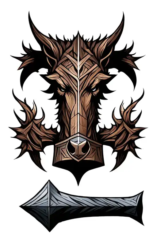 helm of awe oak tree mjolnir boar head tattoo design idea