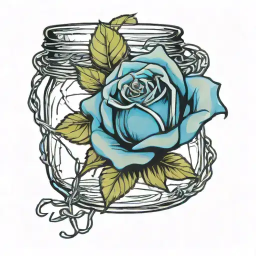 a mason jar holding a blue rose wrapped in barbed wire tattoo design idea