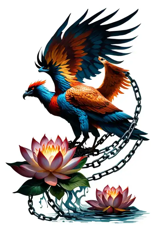A phoenix rising from the ashes, with broken chains wrapped around it's body. the phoenix is surrounded by lotus flower tattoo design idea