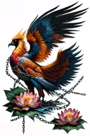 A phoenix rising from the ashes, with broken chains wrapped around it's body. the phoenix is surrounded by lotus flower tattoo design idea