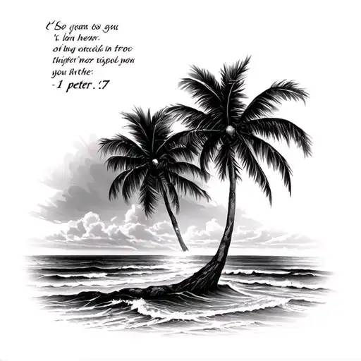 beach backround with 1 peter 5:7 bible verse intertwined tattoo design idea