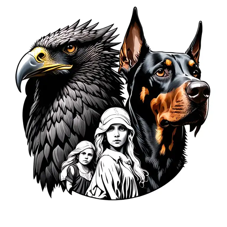 On the right an eagle head and on the left a head of Doberman, between the two a woman and her child in the distance tattoo design idea