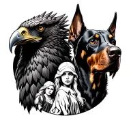 On the right an eagle head and on the left a head of Doberman, between the two a woman and her child in the distance tattoo design idea