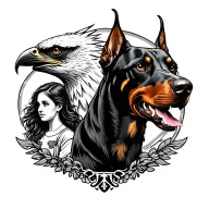On the right an eagle head and on the left a head of Doberman, between the two a woman and her child in the distance tattoo design idea