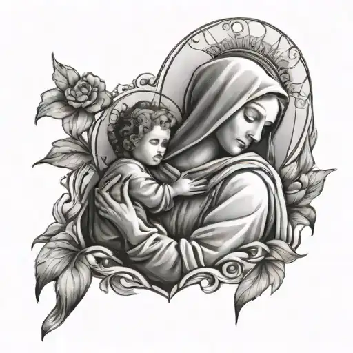 holy mary holding child tattoo design idea