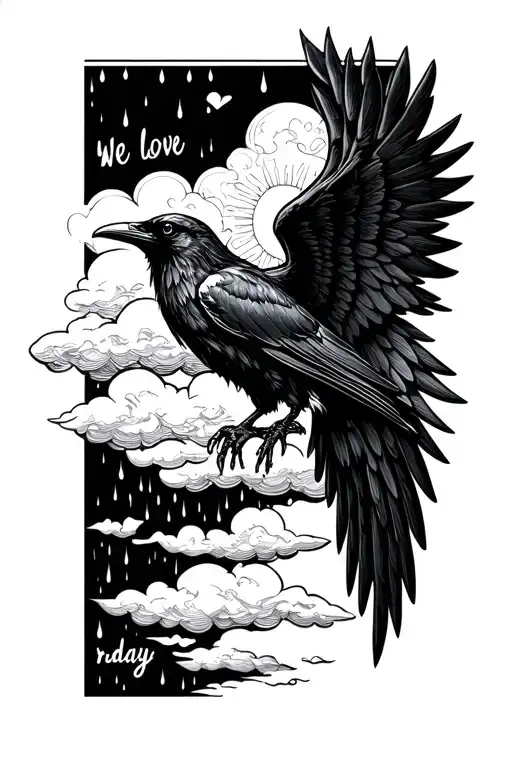 "We love rainy days" raven wings with a rain cloud and a sun shining  tattoo design idea
