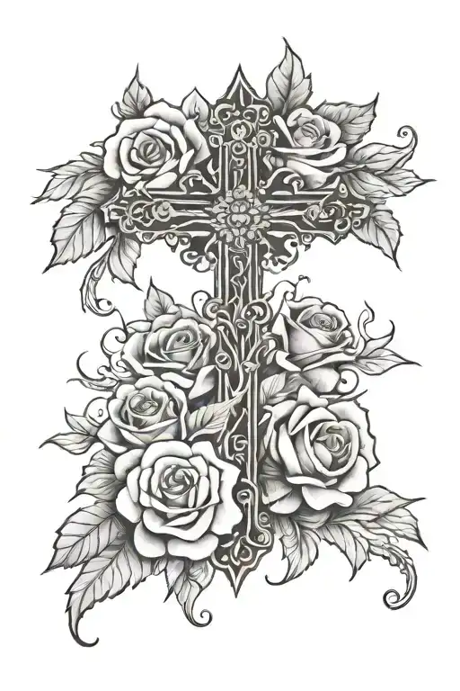 cross in the middle of roses  tattoo design idea