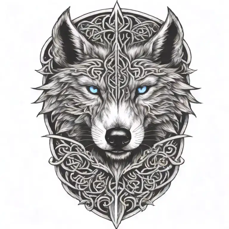 wolf with blue eyes on armor tattoo design featuring Celtic trinity knot  tattoo design idea